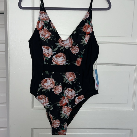 Cupshe one piece padded bathingsuit black with flowers. Never worn. Size large. - Picture 2 of 6